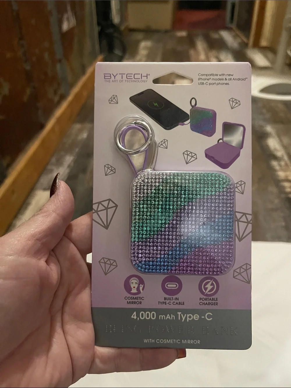 BYTECH 4,000 mAh Type-C Portable Charger with Cosmetic Mirror - Purple & Green
